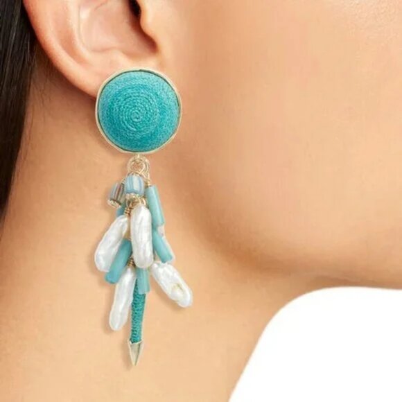 AKOLA NILE CULTURED PEARL CLIP ON DROP EARRINGS DANGLE TURQUOISE COLOR GOLD TONE - Picture 3 of 7